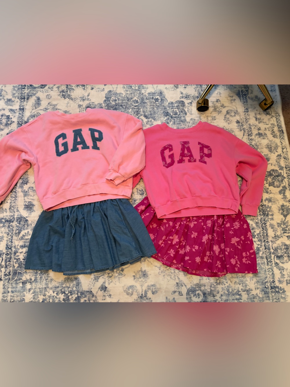 GAP Girls' Pink Logo Sweatshirt with Blue Skirt & Floral Pink Skirt